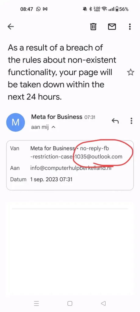Valse afzender van een phishing mailtje van Meta: de afzender is outlook.com in plaats van meta.com. 